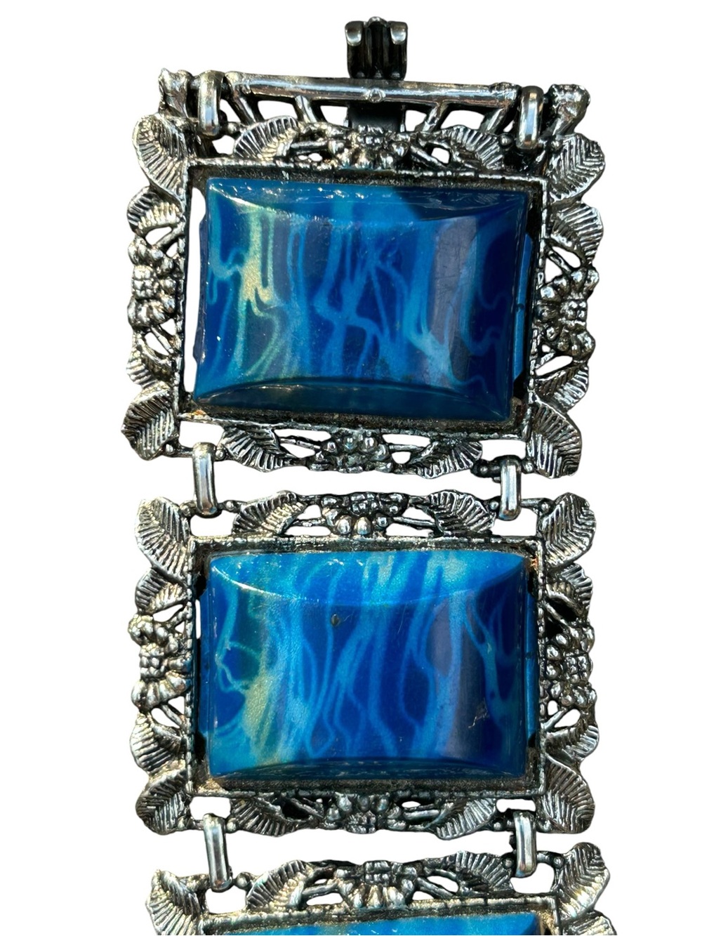 Whimsigoth Chunky Vintage Statement Bracelet  Blue Stones Scroll Work SilverTone - Picture 6 of 12